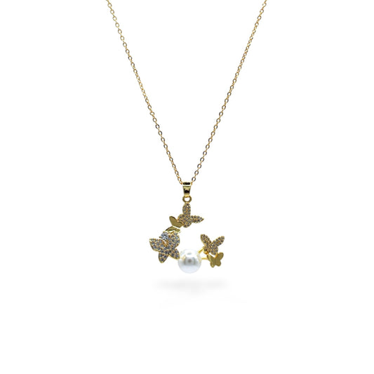 COLLAR CINCO MARIPOSAS ZIRCONIAS CON PERLA BLANCA
