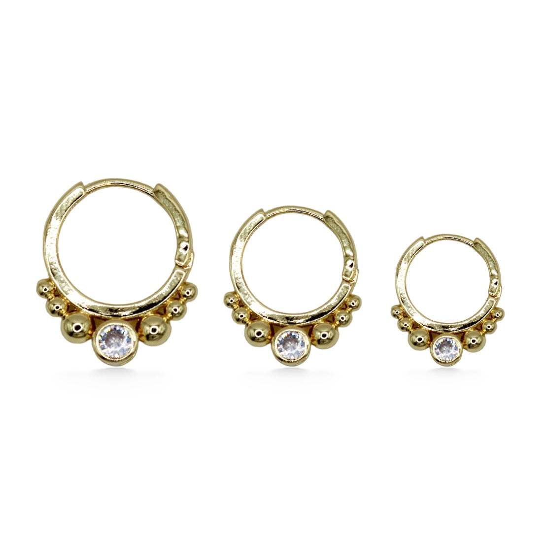 ARRACADAS ZIRCONIA BLANCA BICELADA CON BOLITAS DORADAS