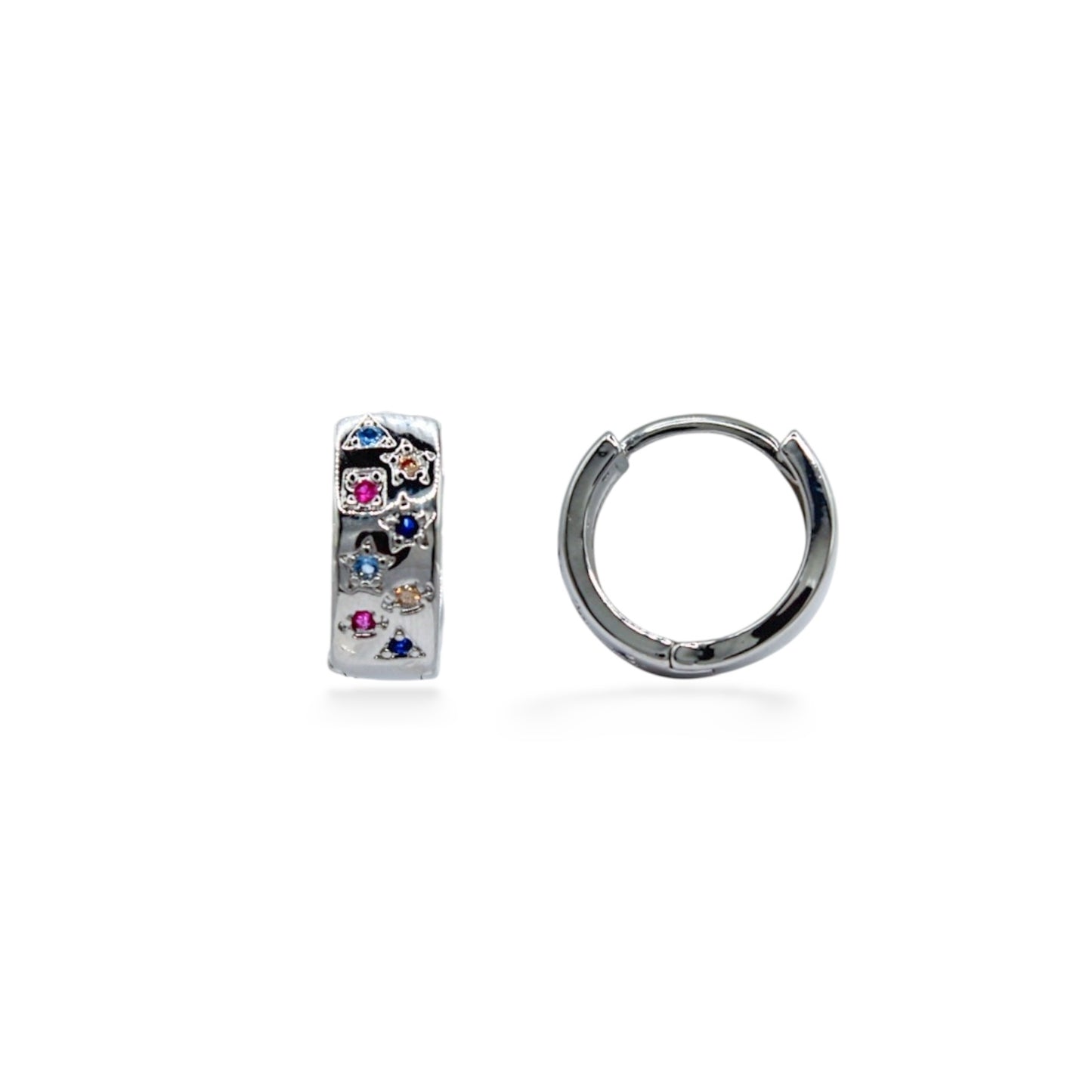 ARRACADAS PLATEADAS ANCHAS ZIRCONIAS COLORES INCRUSTADAS