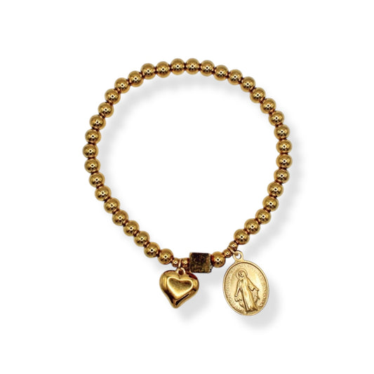PULSERA BOLITAS LISAS CON DIJE DE CORAZÓN Y RELIGIOSO