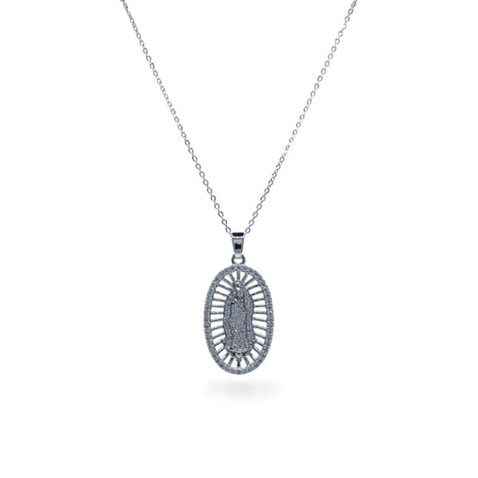 COLLAR PLATEADO VIRGEN OVALADA CON ZIRCONIAS