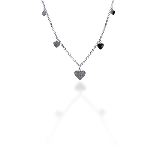 COLLAR PLATEADO CORAZON ZIRCONIA Y CORAZONES