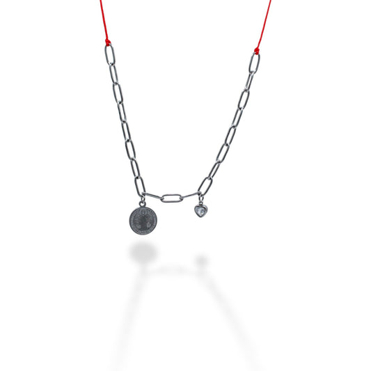 COLLAR PLATEADO ESLABONES SAN BENITO REDONDO ZIRCONIA CORAZON HILO ROJO