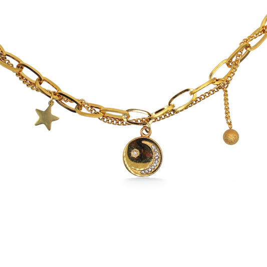 PULSERA DIJE LUNA, ESTRELLA Y BOLITA COLGANTE