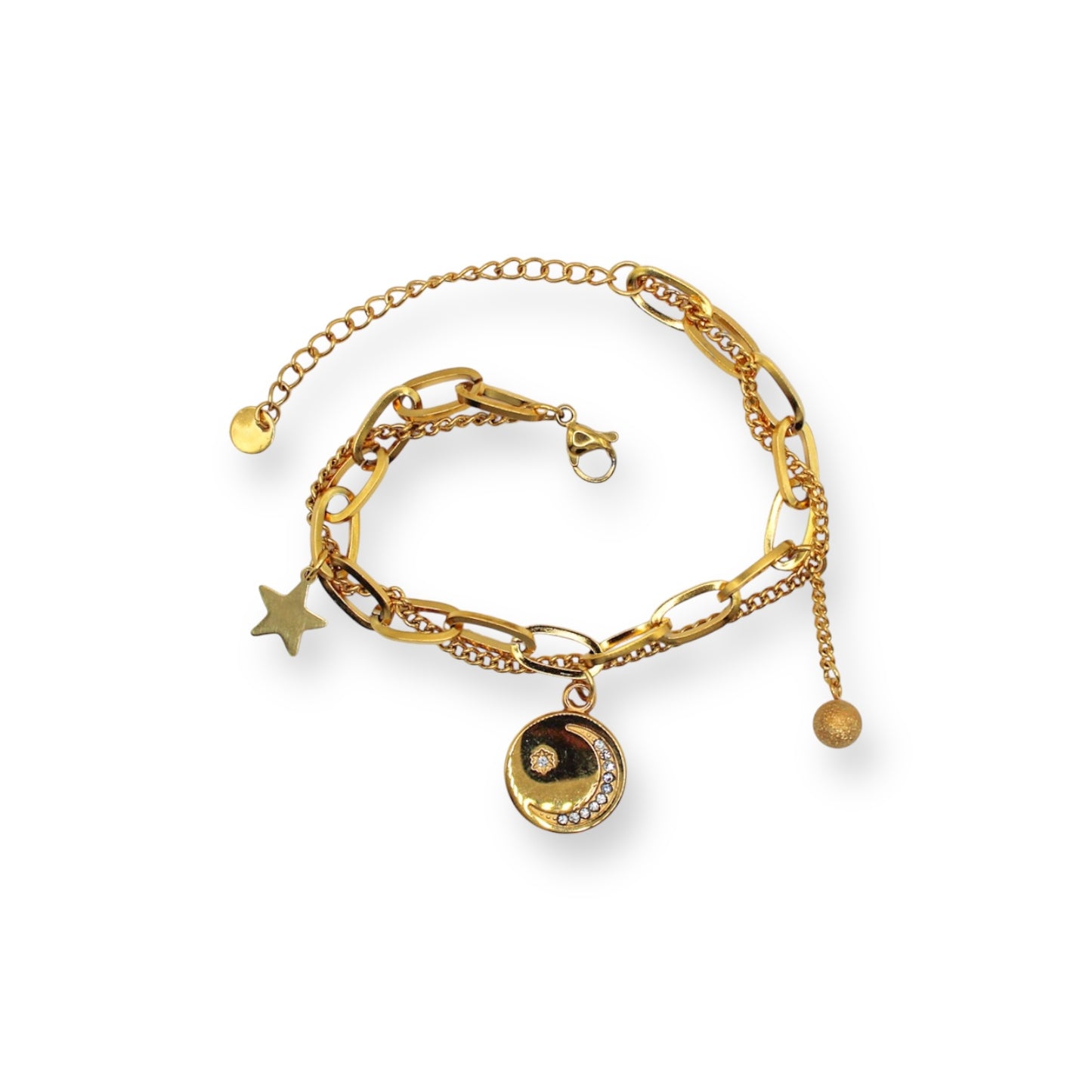 PULSERA DIJE LUNA, ESTRELLA Y BOLITA COLGANTE