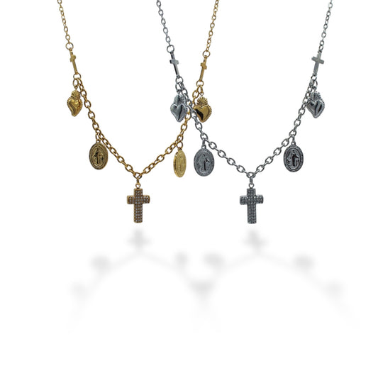 COLLAR CHARMS CRUZ ZIRCONIAS SAN BENITO Y CORAZON