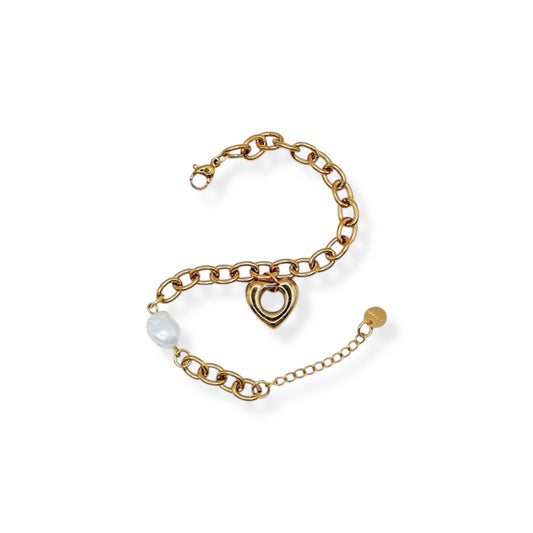 PULSERA DIJE DE CORAZÓN SILUETA CHUNKY Y PERLA BLANCA