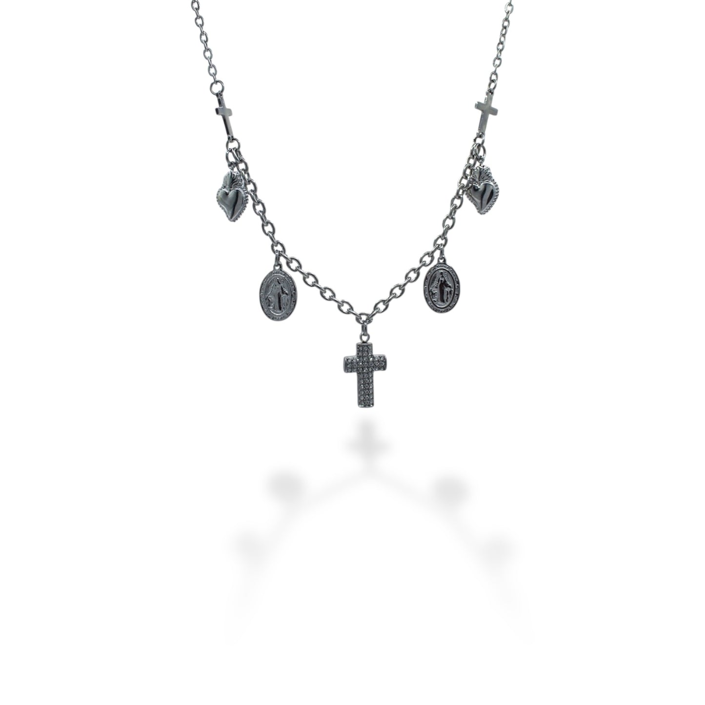 COLLAR CHARMS CRUZ ZIRCONIAS SAN BENITO Y CORAZON