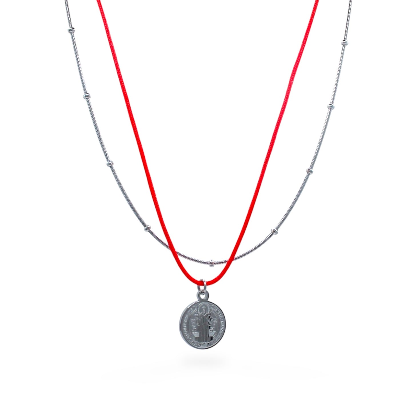COLLAR PLATEADO DOBLE CON DIJE DE SAN BENITO